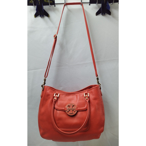 Tory Burch Amanda Red Leather Logo Pockets Satchel Shoulder Bag Purse - Picture 4 of 16